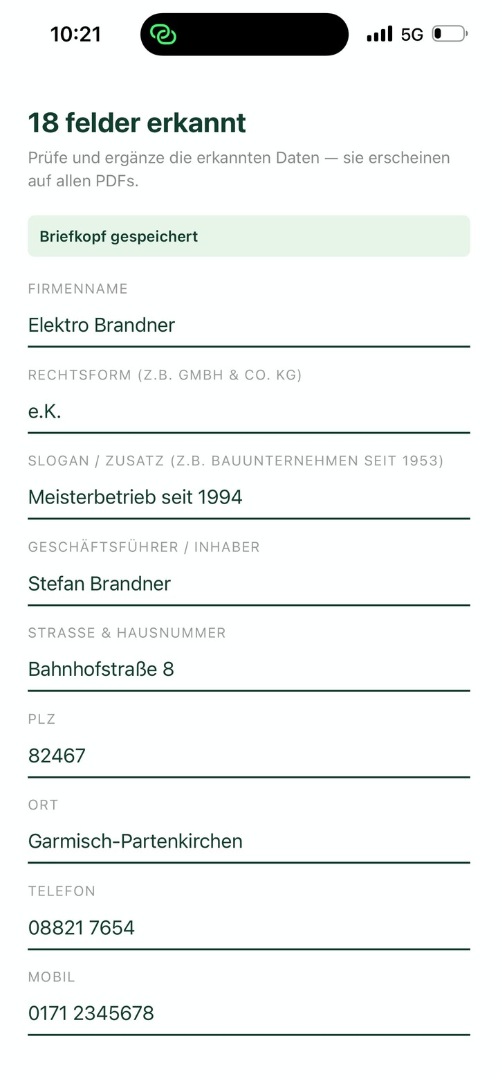zack● — Briefkopf wird automatisch erkannt