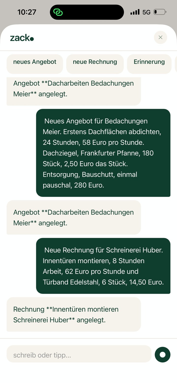 zack● — Angebot per Sprachdiktat anlegen
